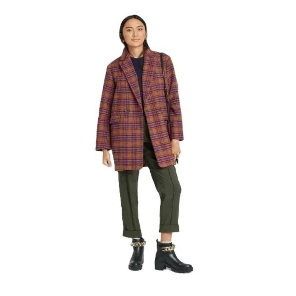 A New Day Brown & Purple Plaid Wool Blend Heavy Jacket Overcoat -- Women's Large